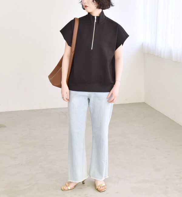 quaranciel「quaranciel:〈洗濯機可能〉ライト ポンチ ハーフジップ フレンチスリーブ TEE」|Tシャツ・カットソー|