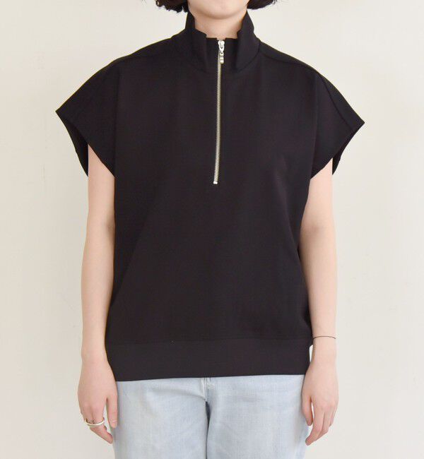 quaranciel「quaranciel:〈洗濯機可能〉ライト ポンチ ハーフジップ フレンチスリーブ TEE」|Tシャツ・カットソー|