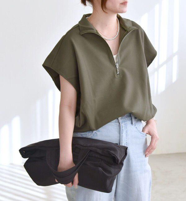 quaranciel「quaranciel:〈洗濯機可能〉ライト ポンチ ハーフジップ フレンチスリーブ TEE」|Tシャツ・カットソー|カーキ
