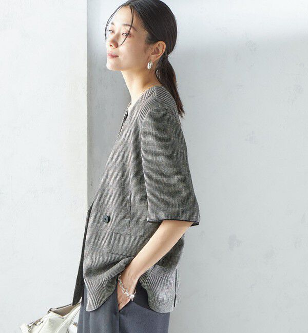 SHIPS for women「〈手洗い可能〉カラミ ノーラペル 半袖 ジャケット」|ノーカラージャケット|
