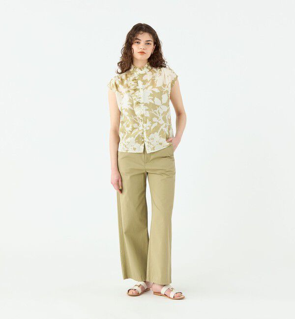 SOULEIADO「コットンリネンプリント フリルネックブラウス」|シャツ・ブラウス|