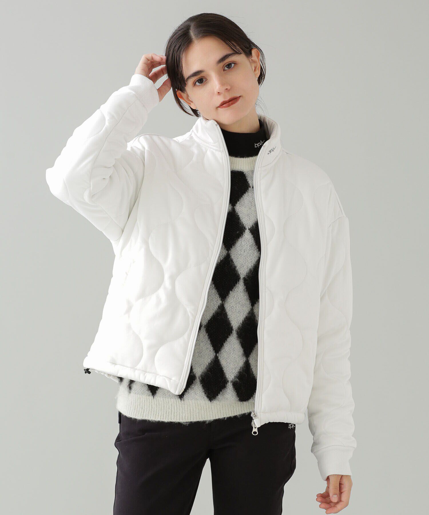 nano･universe「ZIP UP スタンドキルトブルゾン/オーバーサイズ」|ブルゾン・スタジャン|オフホワイト1