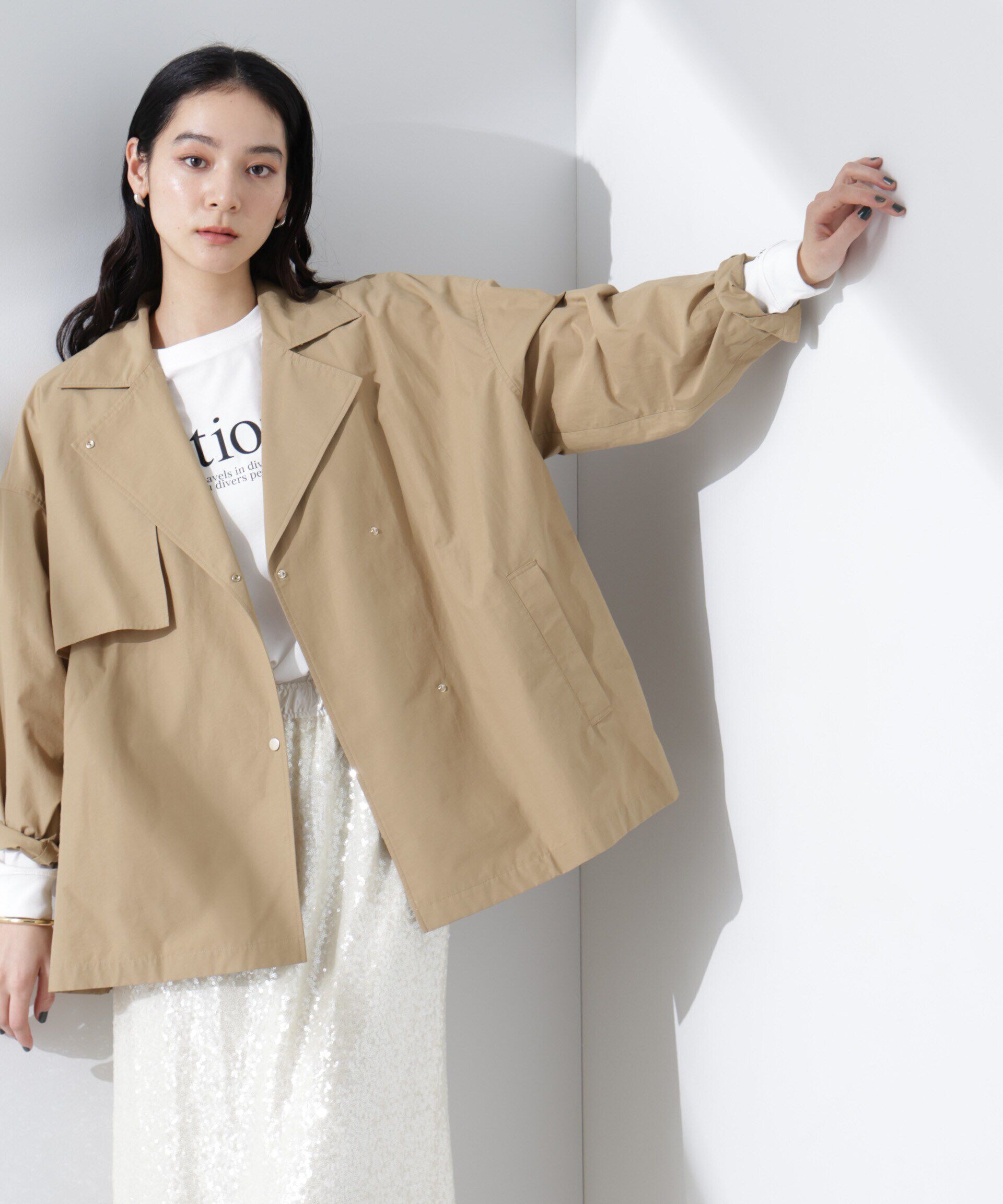 nano･universe「ミドル丈ワイドラフトレンチ」|その他|ベージュ