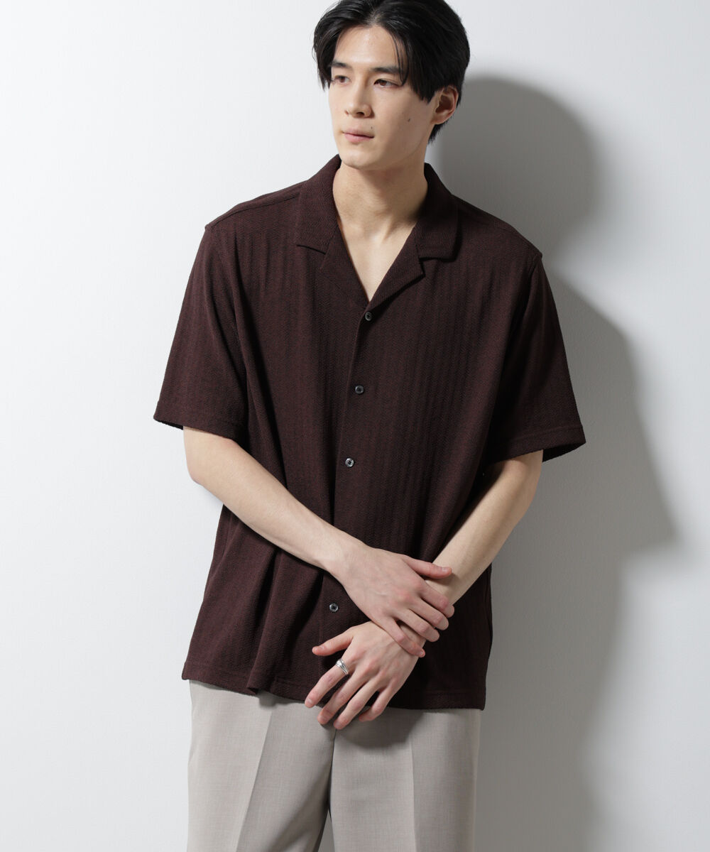 nano･universe「「Damerino」 ヘリンボン オープンカラーシャツ 半袖」|Tシャツ・カットソー|ブラウン