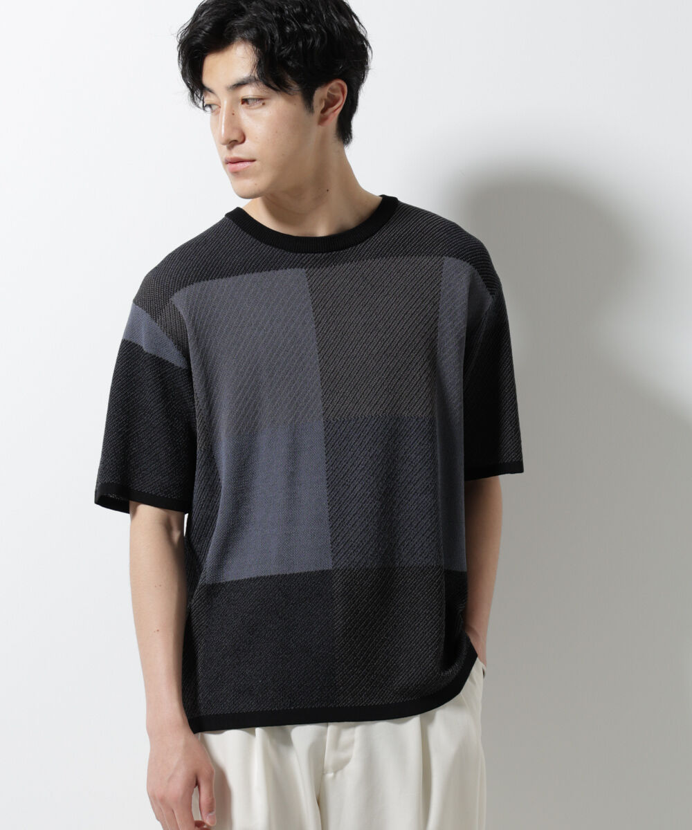 nano･universe「ブロックチェックニットTシャツ 半袖」|ニット・セーター|