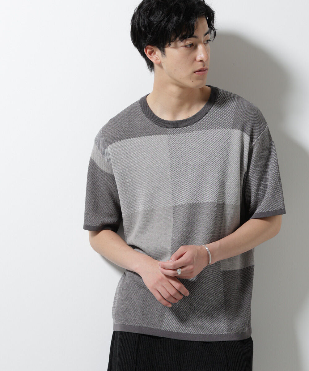 nano･universe「ブロックチェックニットTシャツ 半袖」|ニット・セーター|
