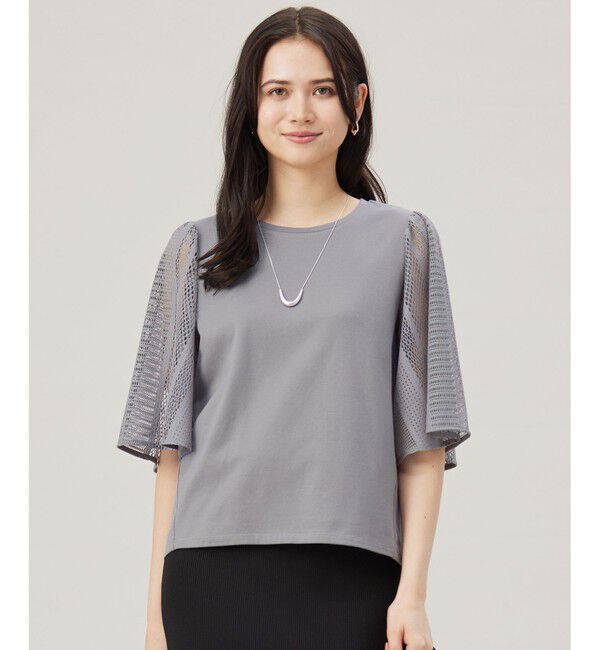 自由区「【洗える】レースエッジフレアスリーブ トップス」|Tシャツ・カットソー|モスグレー
