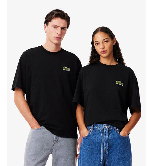LACOSTE「シェニールワニロゴ オーバーサイズ半袖Tシャツ / ルーズフィットT」|Tシャツ・カットソー|ブラック