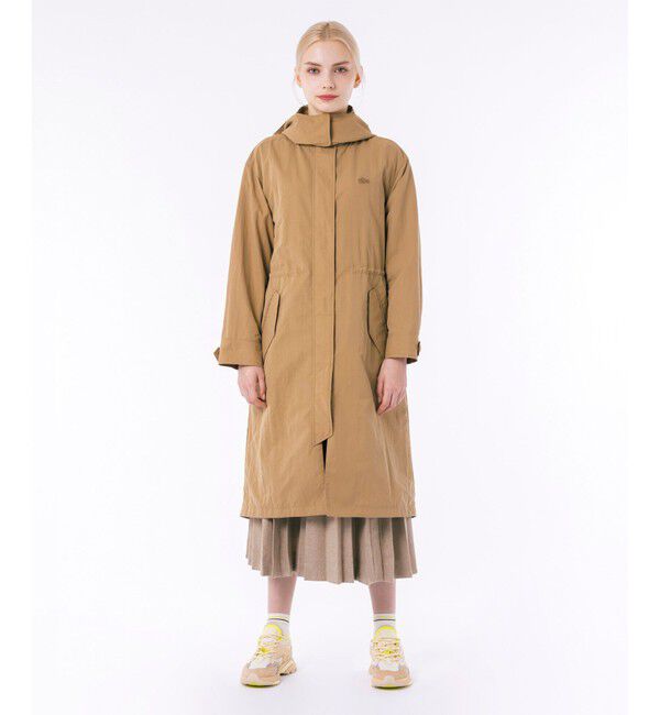 LACOSTE「フード脱着可 撥水ナイロン スタンドカラー ミリタリーコート / ロングコート」|ステンカラーコート|ベージュ