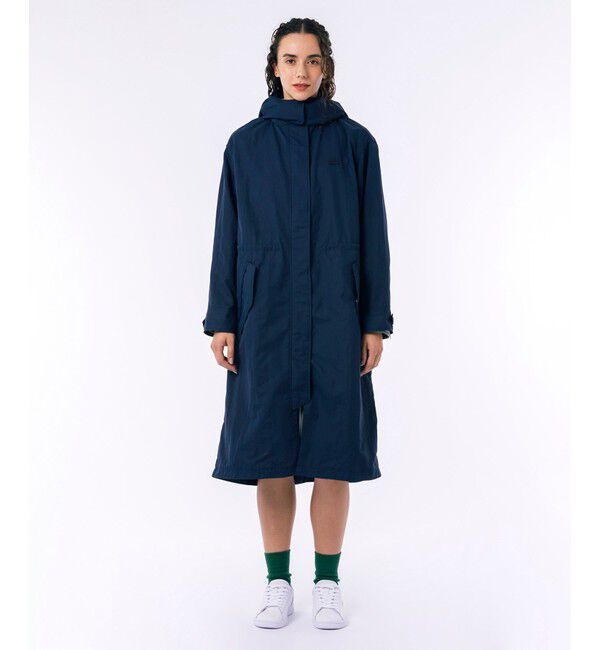 LACOSTE「フード脱着可 撥水ナイロン スタンドカラー ミリタリーコート / ロングコート」|ステンカラーコート|ダークネイビー