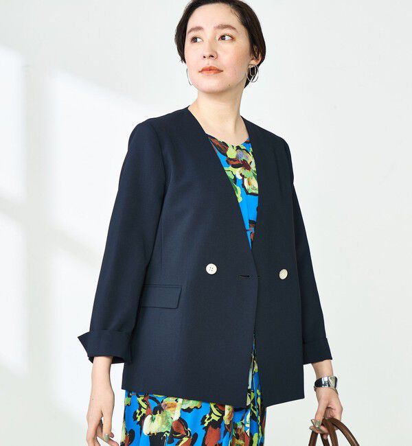 NOLLEY'S「《セットアップ対応》ウォッシャブルドライトロピカルノーカラーダブルジャケット」|ノーカラージャケット|ネイビー