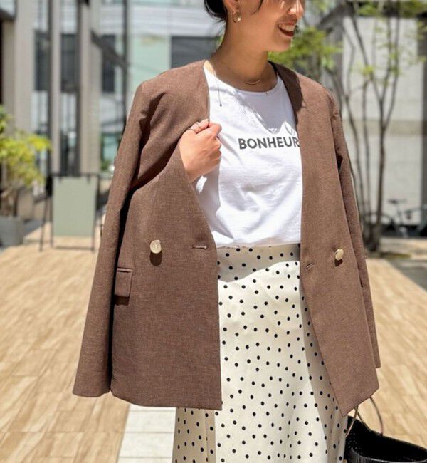 NOLLEY'S「《セットアップ対応》ウォッシャブルドライトロピカルノーカラーダブルジャケット」|ノーカラージャケット|ブラウン