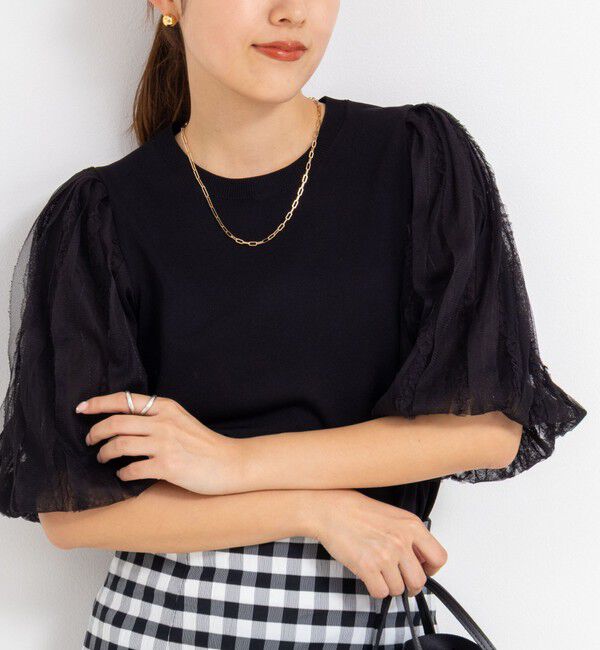 NOLLEY'S sophi「《手洗い可能》袖チュールプルオーバーニット」|ニット・セーター|ブラック