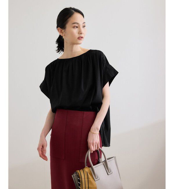 ROPE「【洗える】クリア天竺ギャザー半袖プルオーバー/お仕事服」|Tシャツ・カットソー|