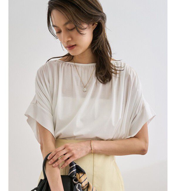 ROPE「【洗える】クリア天竺ギャザー半袖プルオーバー/お仕事服」|Tシャツ・カットソー|ホワイト(10)