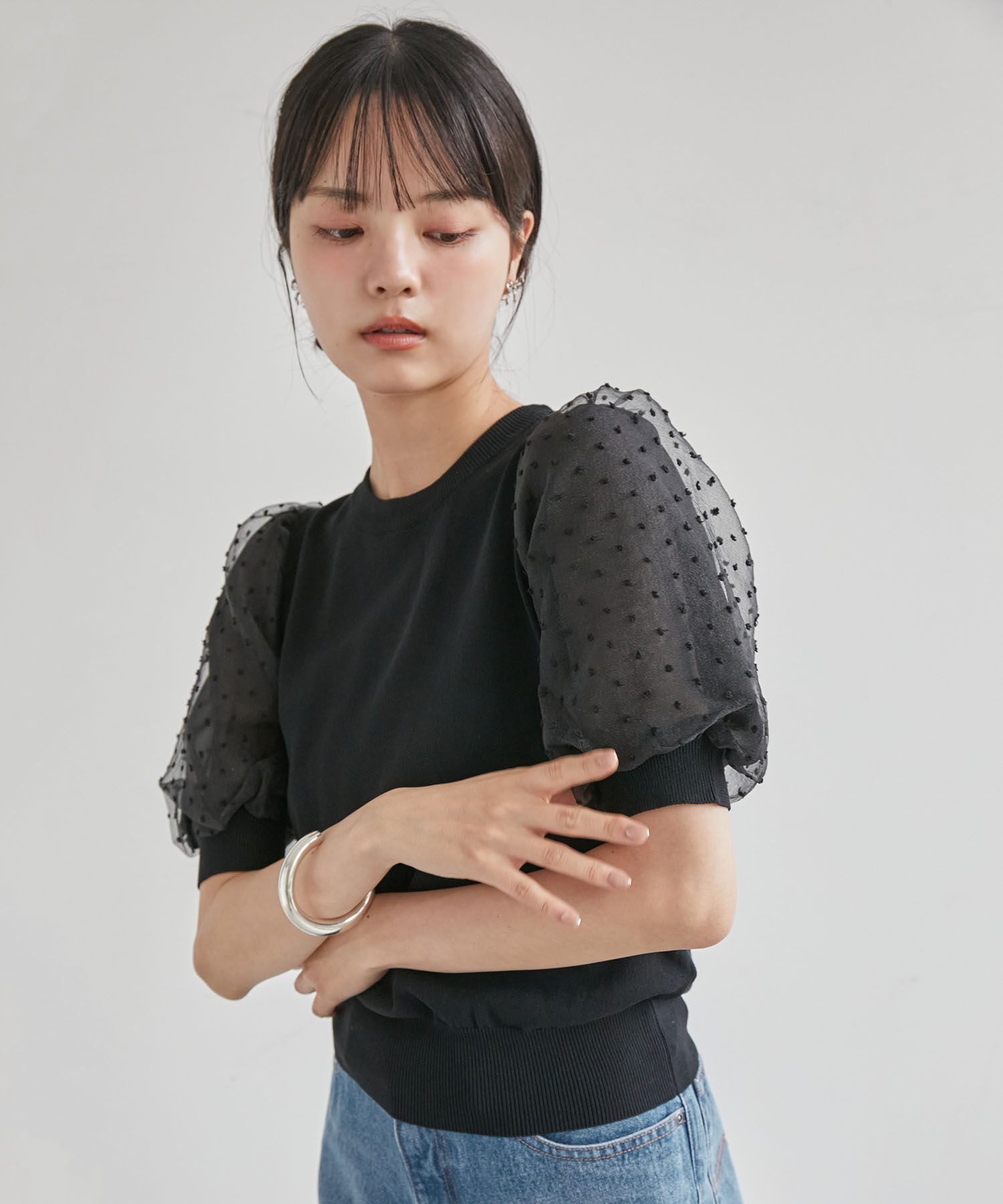 VIS「【夏トップス総選挙/お気に入り登録No.1】袖シアードッキングニット」|ニット・セーター|ブラック(01)