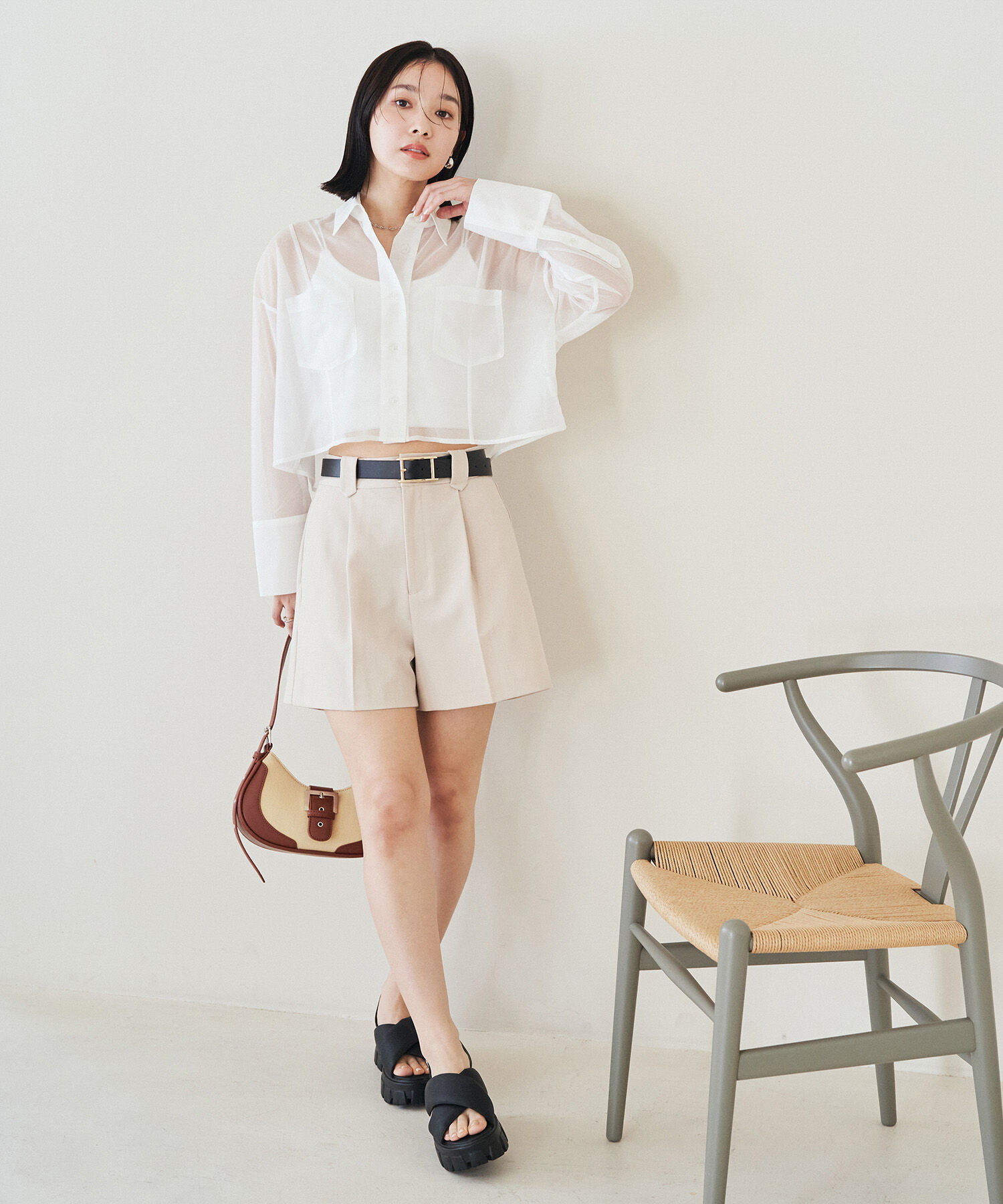 VIS「【洗える】ラメシアークロップド丈シャツ」|シャツ・ブラウス|