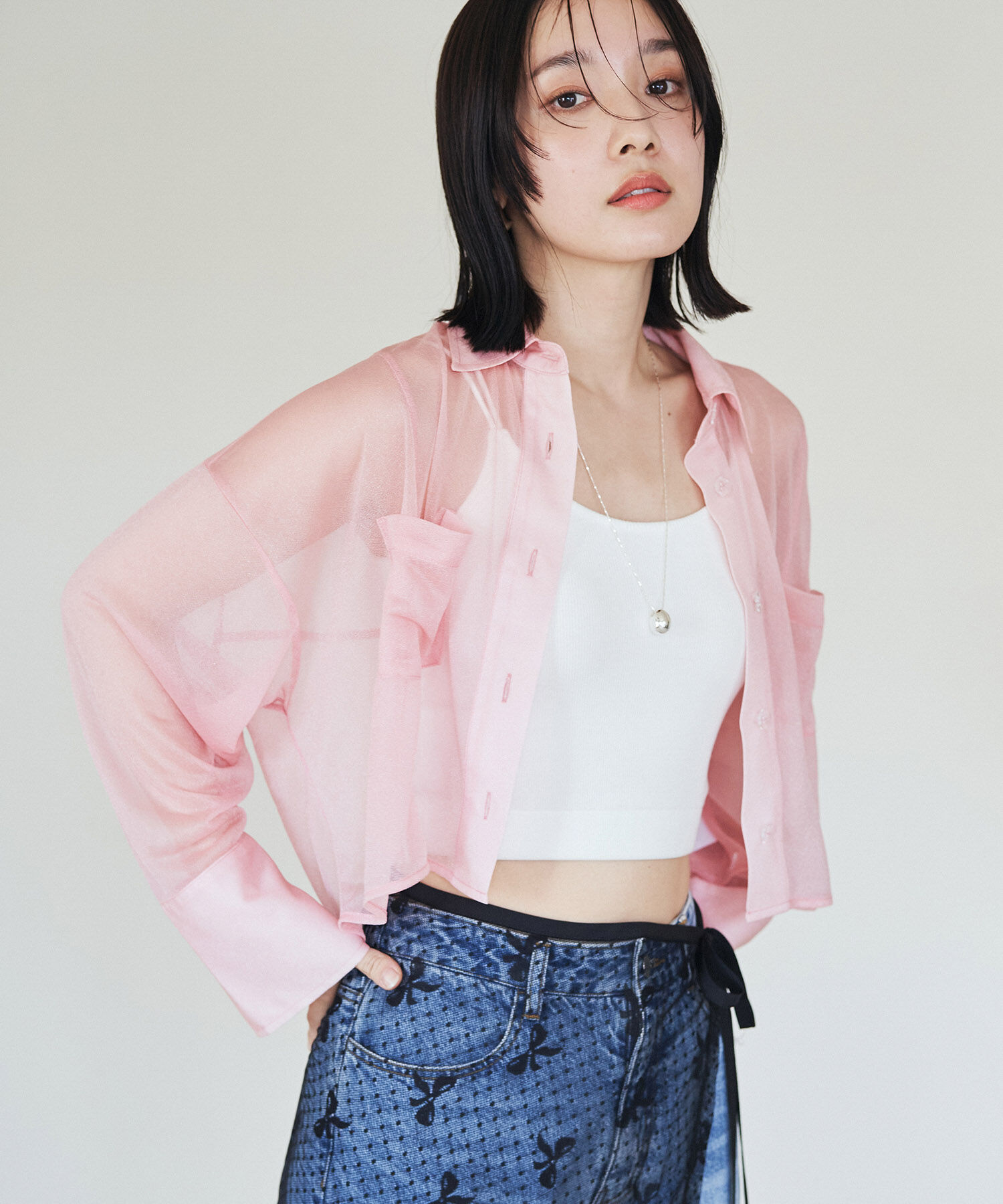 VIS「【洗える】ラメシアークロップド丈シャツ」|シャツ・ブラウス|