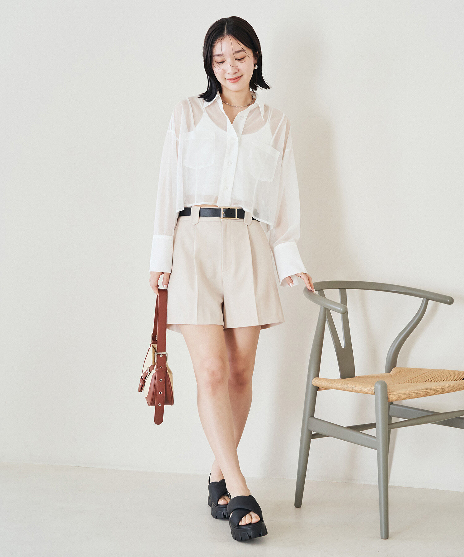 VIS「【洗える】ラメシアークロップド丈シャツ」|シャツ・ブラウス|