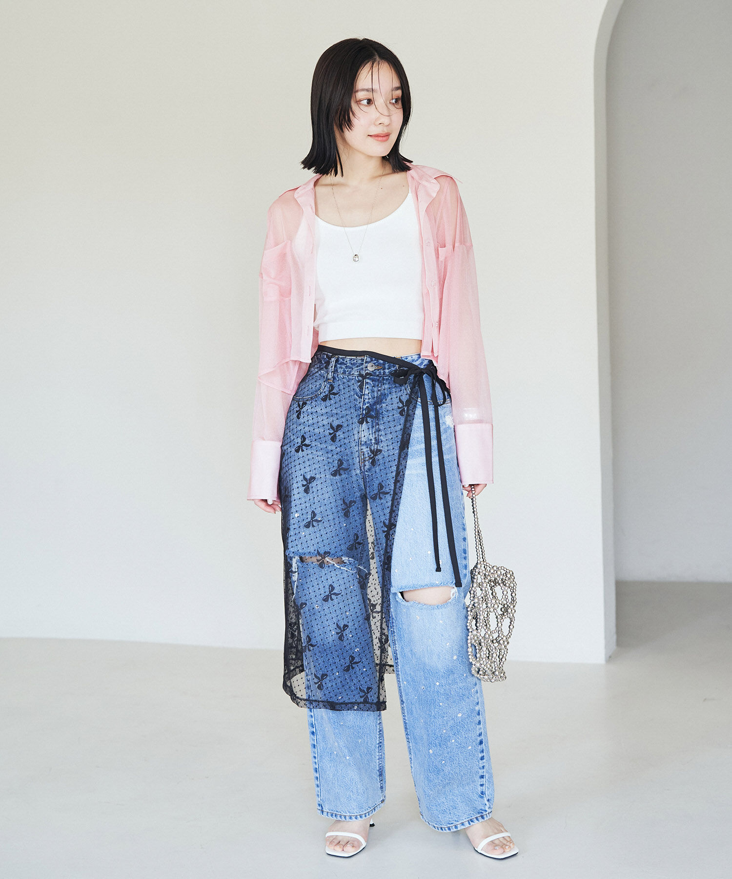 VIS「【洗える】ラメシアークロップド丈シャツ」|シャツ・ブラウス|