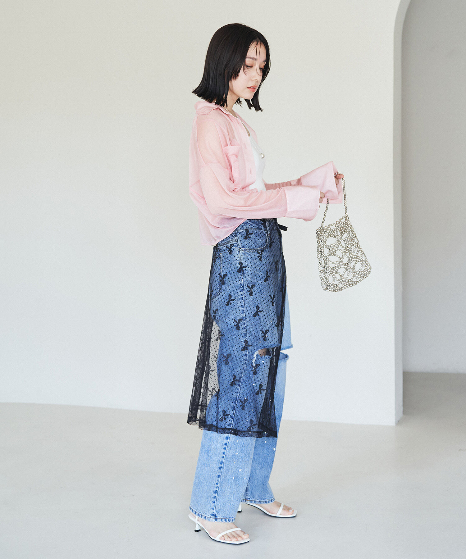 VIS「【洗える】ラメシアークロップド丈シャツ」|シャツ・ブラウス|