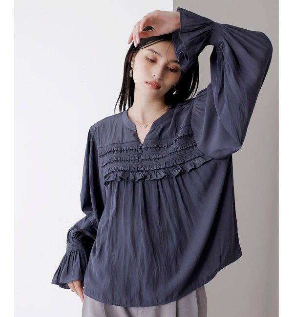 VIS「割繊シャーリングミニフリルブラウス/洗える」|シャツ・ブラウス|チャコール(06)