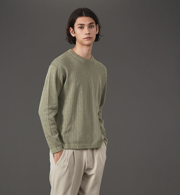 ABAHOUSE「幾何学 リンクス クルーネック プルオーバー ニット」|ニット・セーター|モスグリーン