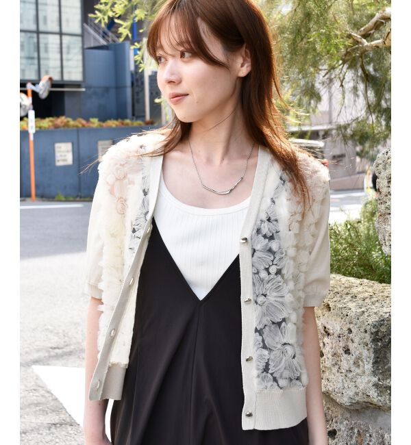  「チュール刺繍ハーフスリーブカーディガン」|カーディガン|