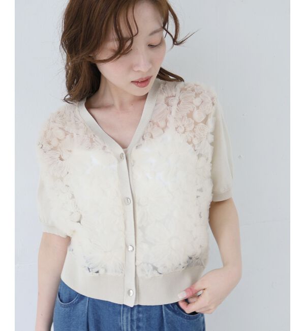  「チュール刺繍ハーフスリーブカーディガン」|カーディガン|