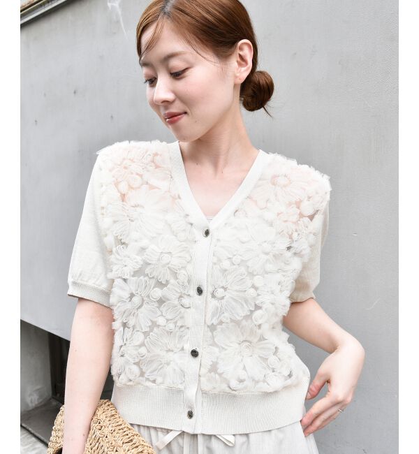  「チュール刺繍ハーフスリーブカーディガン」|カーディガン|
