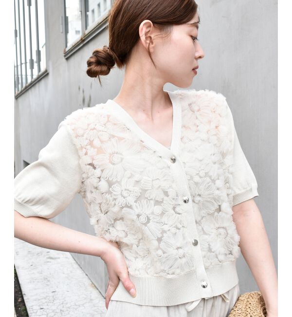  「チュール刺繍ハーフスリーブカーディガン」|カーディガン|