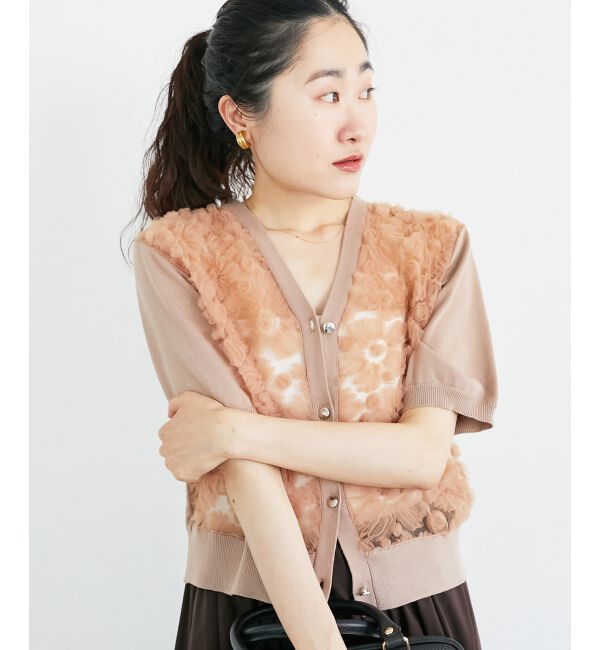  「チュール刺繍ハーフスリーブカーディガン」|カーディガン|