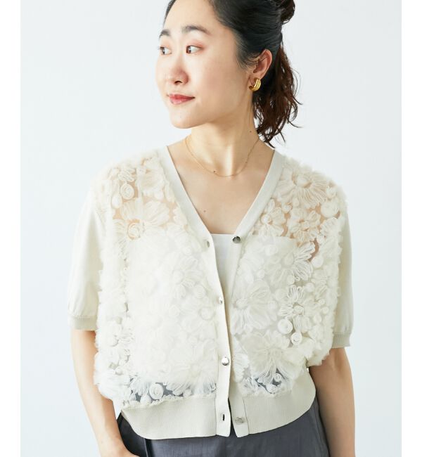  「チュール刺繍ハーフスリーブカーディガン」|カーディガン|
