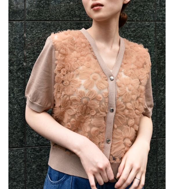  「チュール刺繍ハーフスリーブカーディガン」|カーディガン|
