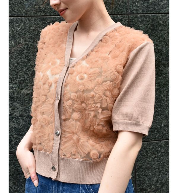  「チュール刺繍ハーフスリーブカーディガン」|カーディガン|
