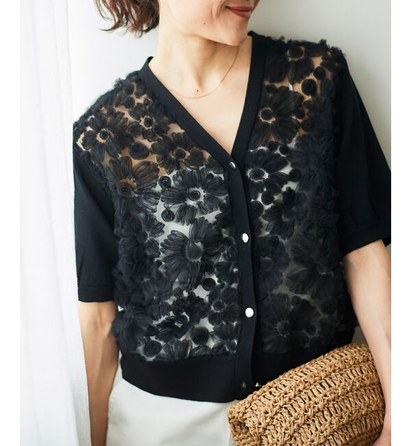  「チュール刺繍ハーフスリーブカーディガン」|カーディガン|
