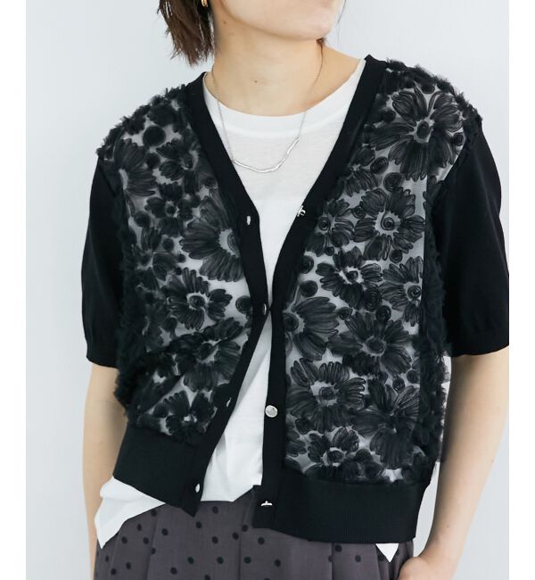  「チュール刺繍ハーフスリーブカーディガン」|カーディガン|