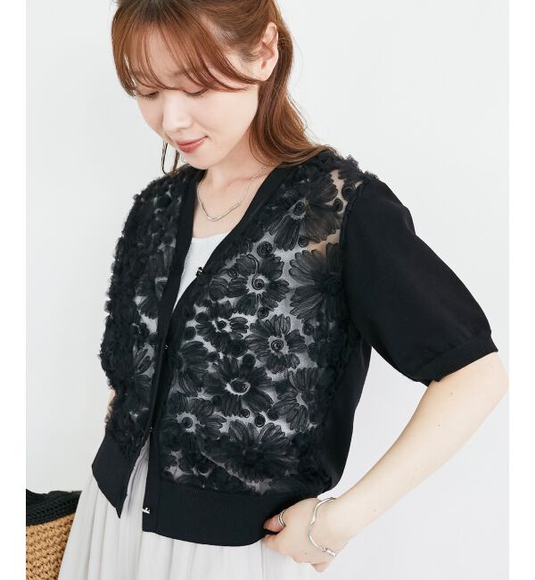  「チュール刺繍ハーフスリーブカーディガン」|カーディガン|ブラック