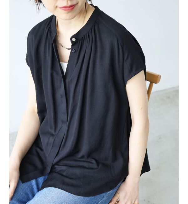  「《手洗い可能》T/R追撚フレンチスリーブブラウス」|シャツ・ブラウス|ブラック