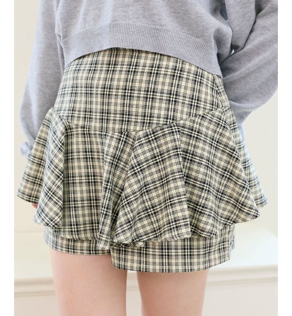  「レイヤードライクフレアショートスカパン」|キュロット|ベージュ柄