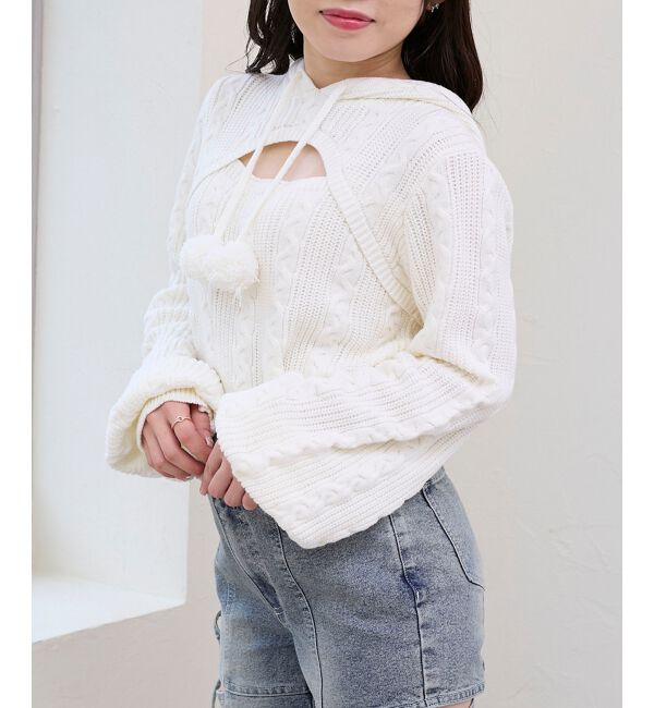  「ポンポン付きフードケーブルニット」|ニット・セーター|アイボリー