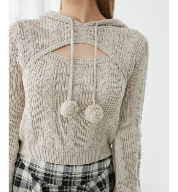  「ポンポン付きフードケーブルニット」|ニット・セーター|