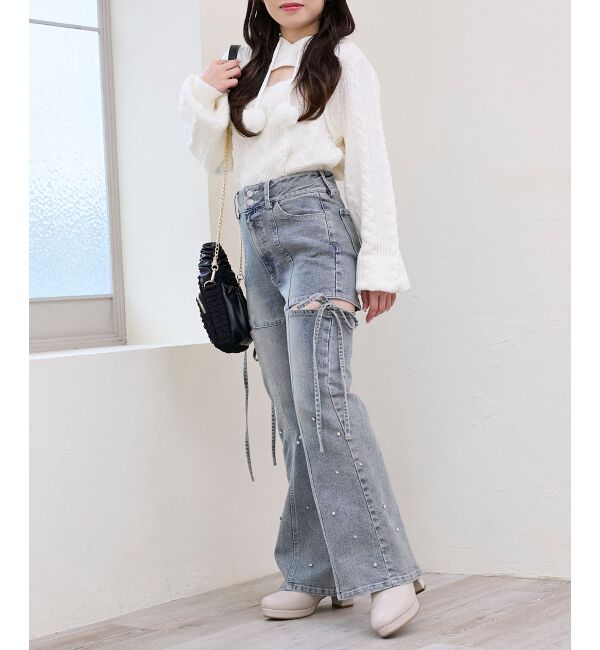  「ポンポン付きフードケーブルニット」|ニット・セーター|