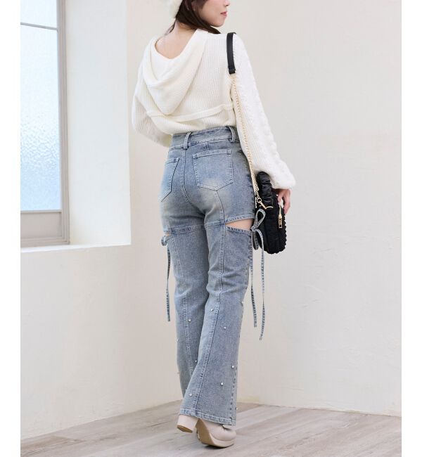  「ポンポン付きフードケーブルニット」|ニット・セーター|