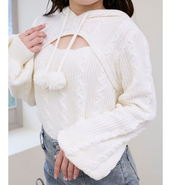  「ポンポン付きフードケーブルニット」|ニット・セーター|