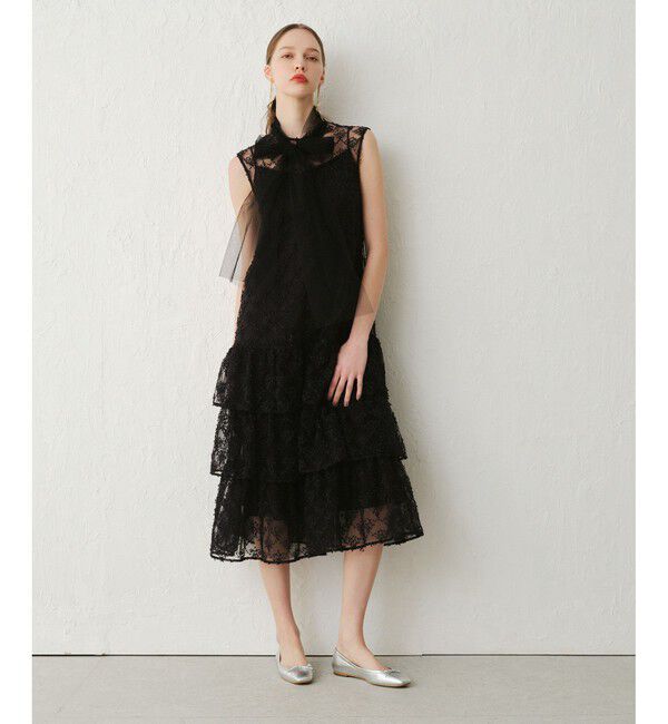 LOULOU WILLOUGHBY「【LOULOU WILLOUGHBY】パピヨンフラワーチュールワンピース」|ドレス|ブラック系