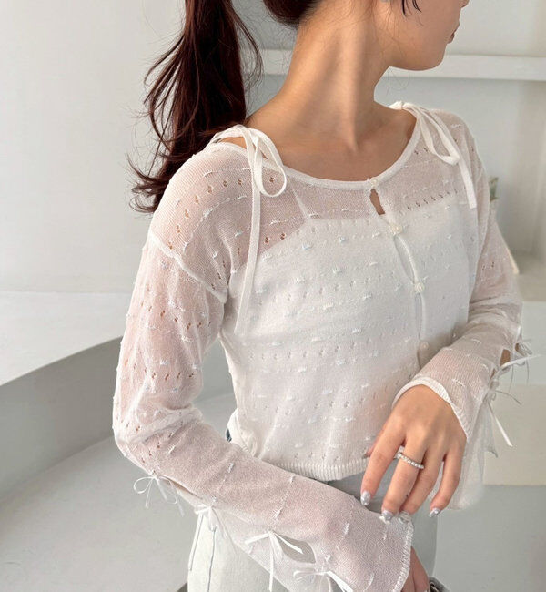  「インナー&times;袖リボンカーデアンサンブル」|ニット・セーター|オフホワイト