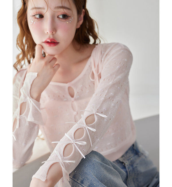  「インナー&times;袖リボンカーデアンサンブル」|ニット・セーター|ピンク