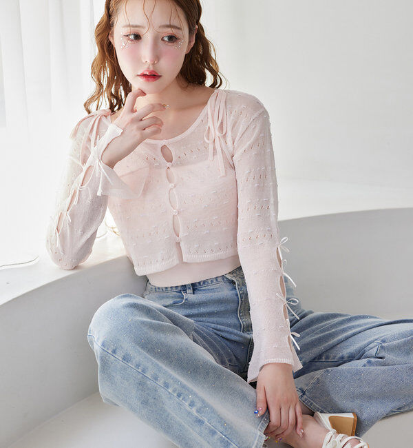  「インナー&times;袖リボンカーデアンサンブル」|ニット・セーター|