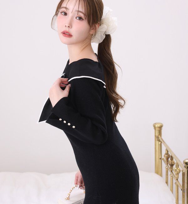  「異素材リボンニットロングワンピース」|ワンピース|